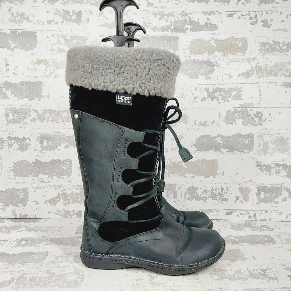 UGG Torrey Black Leather Knit Tall Pull on Winter Snow Boots V704 - Picture 6 of 12